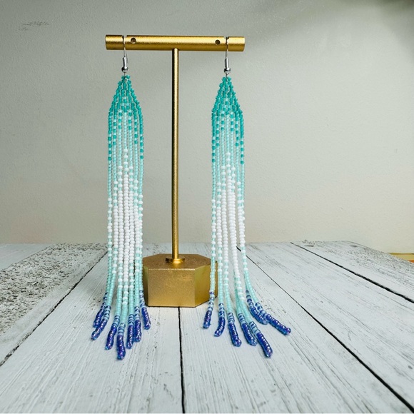 Long Seed Beaded Earrings Native American Themed Beaded Jewelry 6.5" Long Handma - Picture 6 of 7